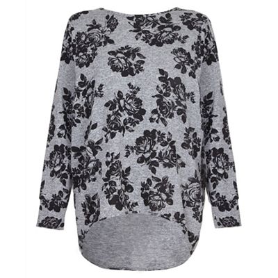 Grey and black flower print knitted top